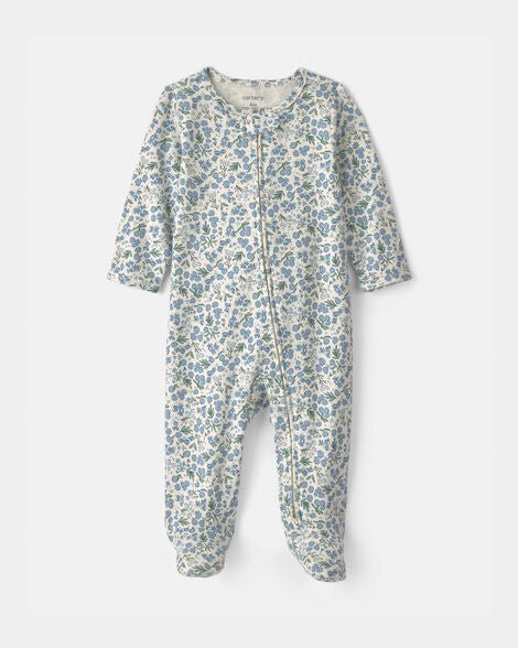 Pijama enteriza para bebé niña Carter's, estampado floral azul y blanco, con cierre de zipper