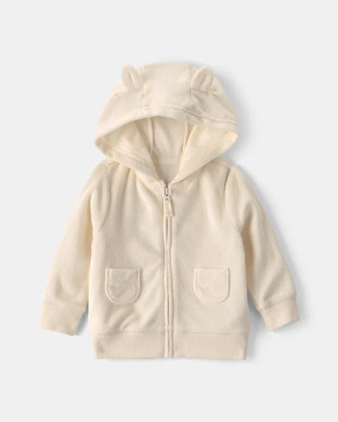 Suave hoodie Carter's de felpa marfil con cierre, bolsillos y orejitas en la capucha para bebé.