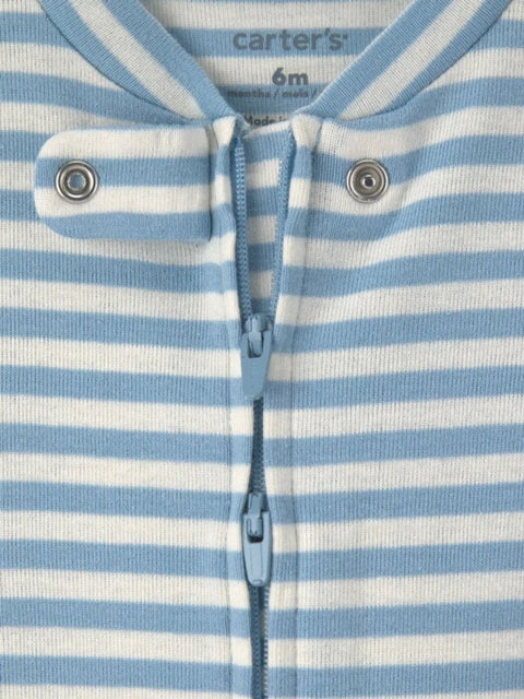 Cierre frontal de un enterizo Carter's a rayas azules y blancas, con broches protectores en el