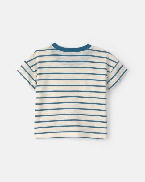 Parte trasera de la camiseta Carter's de bebé con rayas azules y cuello redondo azul, casual y