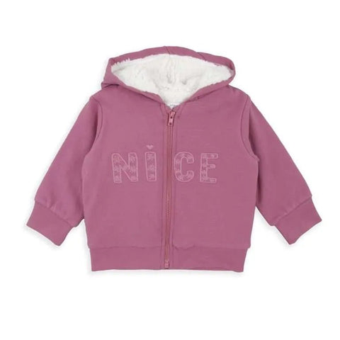 Chaqueta Baby Bol niña rosa con capucha forrada de borrego y zipper. Diseño 'NICE' bordado.