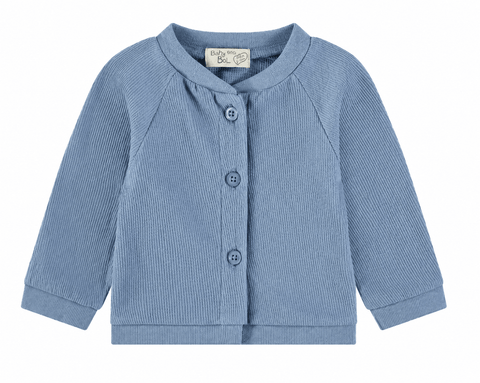 Chaqueta cárdigan azul Babybol para bebé niño, con botones frontales y cuello redondo de punto.