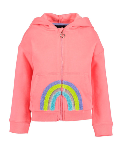 Chaqueta rosada Blue Seven para niña con capucha, zipper y diseño de arcoíris