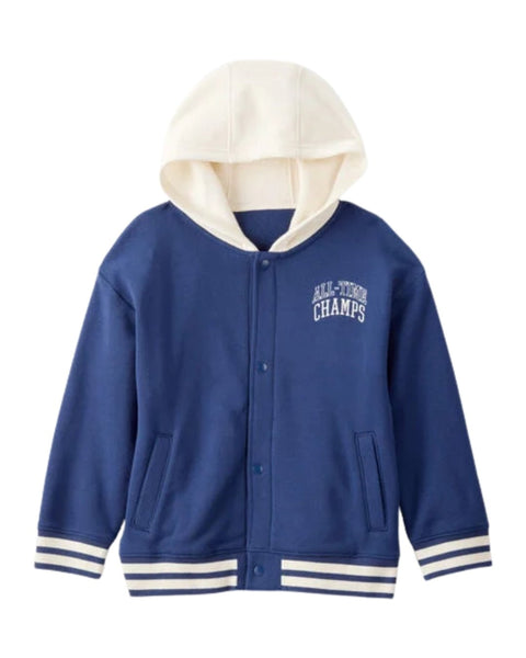 Chaqueta Carters azul marino para niño con capucha beige, botones frontales y estampado 'ALL-TECH CHAMPS'.