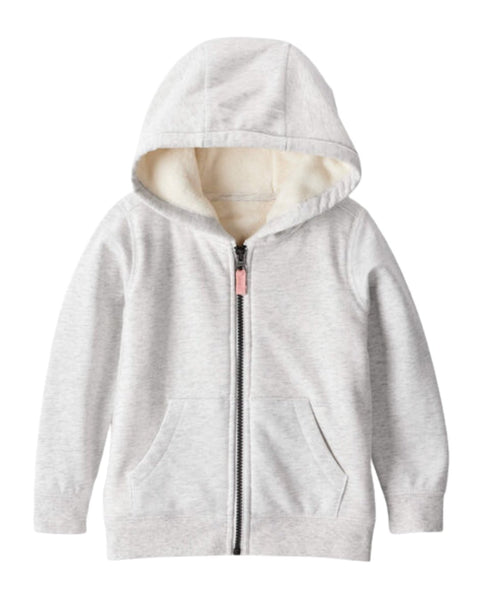 Chaqueta gris Carters con capucha forrada, zipper negro y bolsillos frontales para niña. ¡Súper suave y abrigadora!