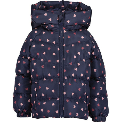 Chumpa acolchada niña Blue Seven con capucha y zipper, diseño de corazones rosa y rojo