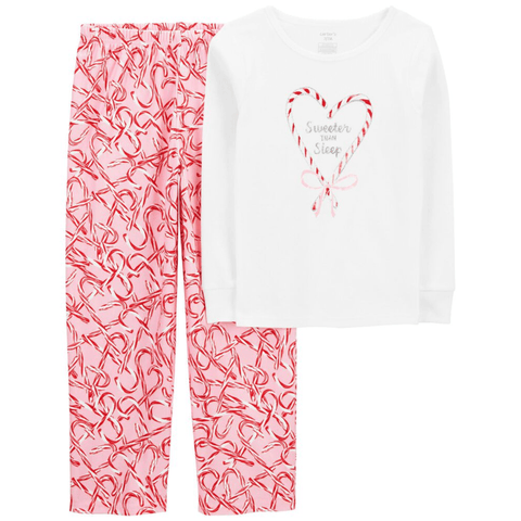 Pijama Carter's para niña, blusa blanca con corazón de bastones y pantalón rosa estampado con dulces.
