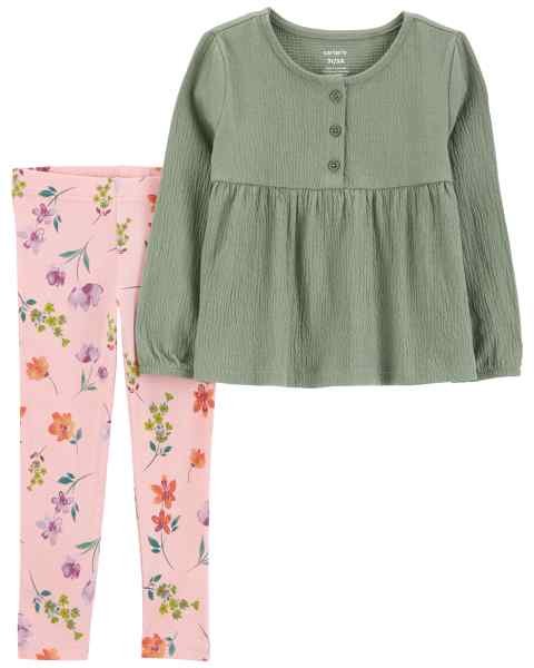 Conjunto Carters para niña, blusa manga larga verde con botones y leggings florales rosas.