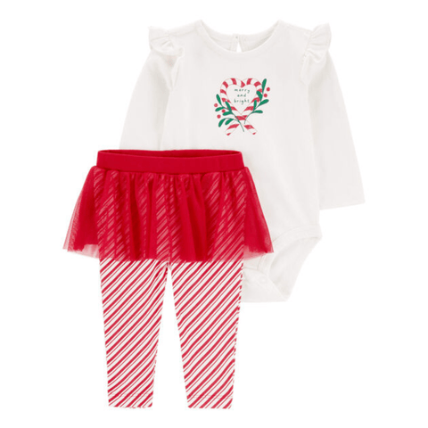 Conjunto navideño Carter's para niña: body blanco 'merry and bright', tutú rojo y leggins rayas