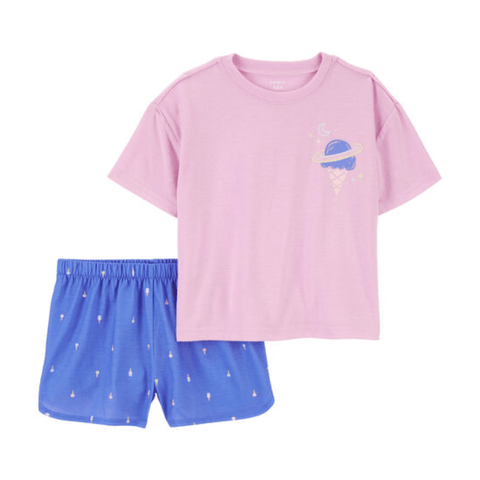 Conjunto de pijama o ropa casual Carter's para niña, camiseta rosa con diseño de helado espacial y shorts azules con conos de helado.