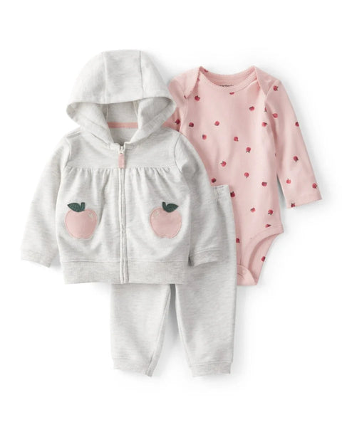 Conjunto Carters 3 piezas: sudadero con capucha y zipper, body manga larga y joger multicolor de french terry para niña