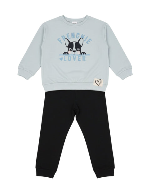 Conjunto de niña Baby Bol: suéter celeste Frenchie Lover y leggings negros para comodidad