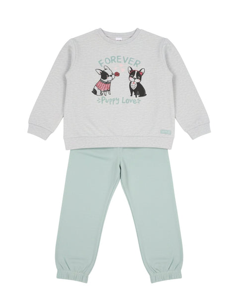 Conjunto Baby Bol para niña: suéter gris con diseño de perritos y pantalón verde menta cómodo