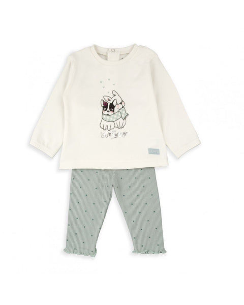 Conjunto Baby Bol para niña: suéter crema con perrito y pantalón verde de puntos.