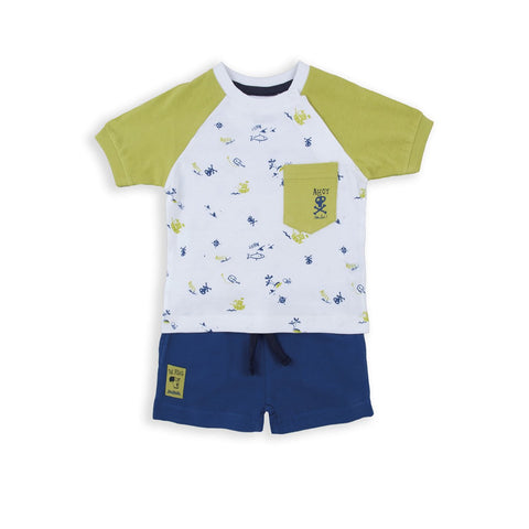 Conjunto Baby Bol niño, camiseta blanca/verde estampado marino, shorts azules con cordón. Ropa fresca.