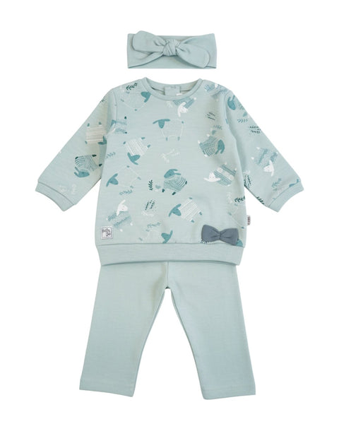 Conjunto Baby Bol verde menta 3 piezas para niña: suéter de ovejas, jogger y bandana. Ropa cómoda.
