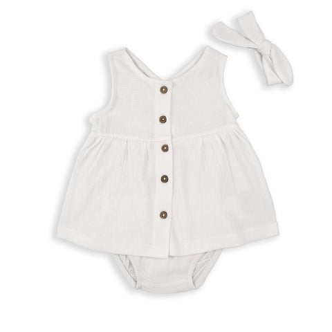 Conjunto Baby Bol blanco para bebé niña: vestido sin mangas, calzoncito y cinta de algodón