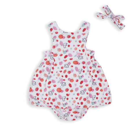 Conjunto Baby Bol para niña: vestido, colzón y diadema estampados con frutas y animalitos.