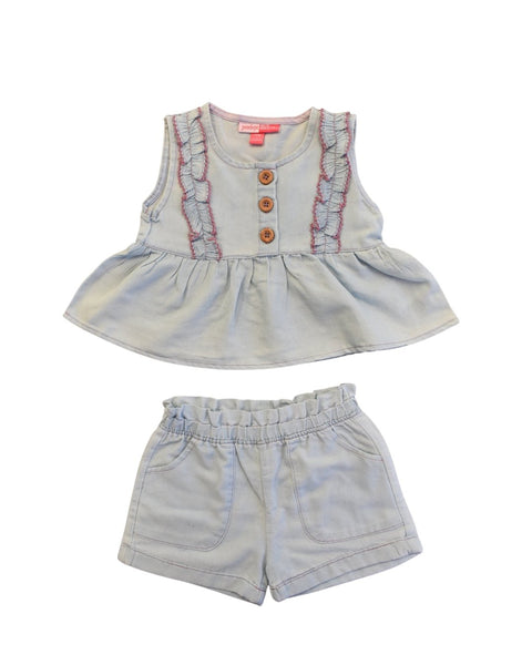 Conjunto Babyfair de blusa sin mangas con volantes y shorts de mezclilla para niña. Ideal para verano.