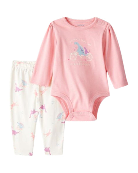 Conjunto Carters niña: body manga larga rosa con dino en bici y leggins blancos con dinosaurios.