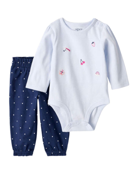 Conjunto Carters 2 piezas para niña: body blanco mangas largas con frutas y leggings azul con lunares.