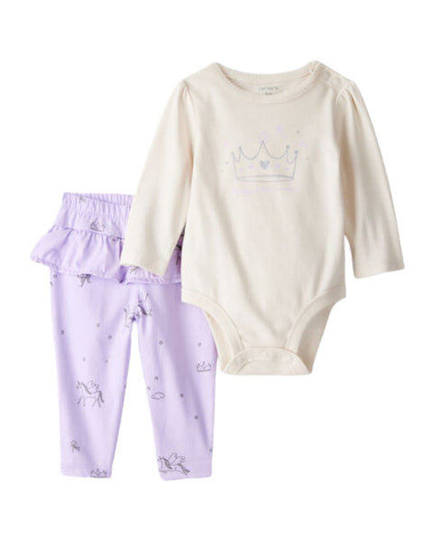 Conjunto Carter's niña: body crema manga larga con corona y leggins lilas de unicornios con volantes.
