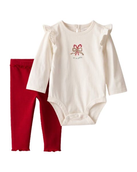 Conjunto Carters de body blanco manga larga con bastones de caramelo y leggins rojos para bebé niña.