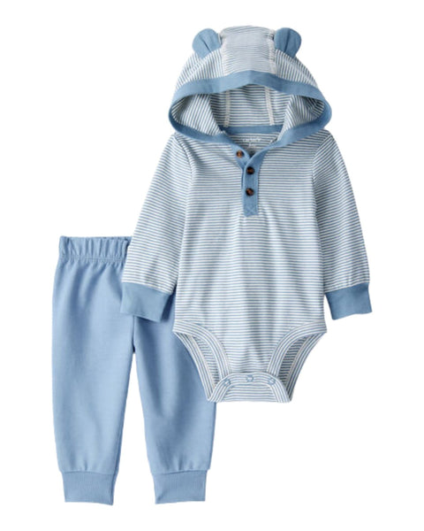 Conjunto Carters de body manga larga a rayas azul y blanco con orejitas y pantalón azul para bebé niño.