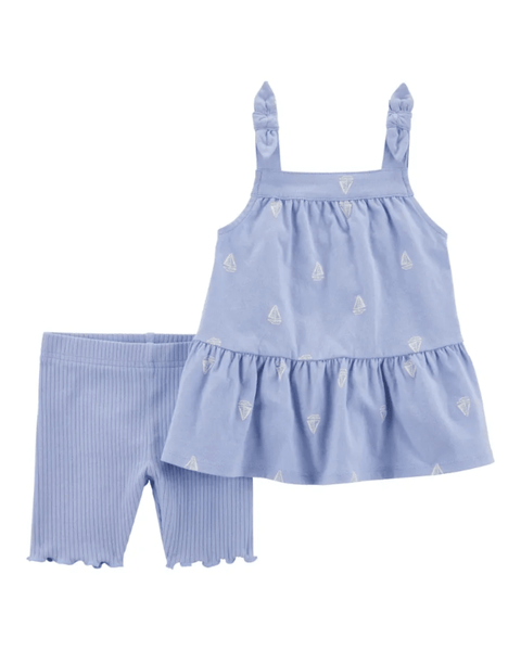Conjunto Carters niña, blusa celeste con veleros y short acanalado. Comodidad y estilo.