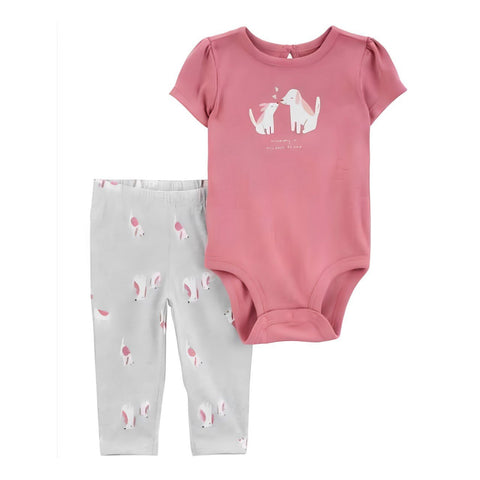 Conjunto Carters de 2 piezas para niña: body rosa con perritos y pantalón gris estampado.