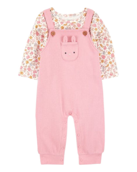 Conjunto Carter's de overol rosa con diseño de conejito y blusa floral manga larga para niña.