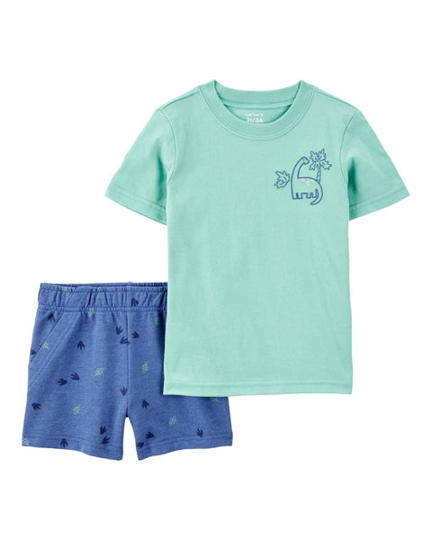 Conjunto Carters de algodón para niño con camiseta de dinosaurio y pantaloneta azul estampada.