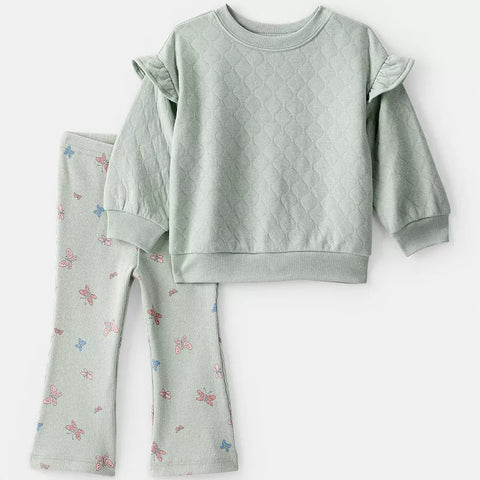 Conjunto Carters verde menta para niña: sudadera acolchada con volantes y pantalón acampanado con mariposas.