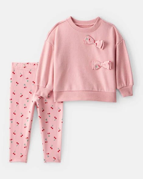Conjunto de 2 piezas Carters para niña, sudadero rosa con lazos y leggings de cerezas.