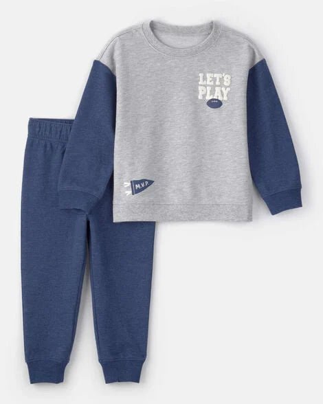 Conjunto Carters de 2 piezas para niño, sudadero gris con mangas azules y jogger azul, diseño Let's Play.