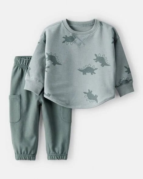 Conjunto Carters de suéter manga larga y jogger color verde con estampado de dinosaurios para niño.