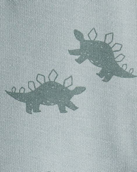 Detalle del estampado de dinosaurios estilo Stegosaurus en el suéter Carters verde para niño.