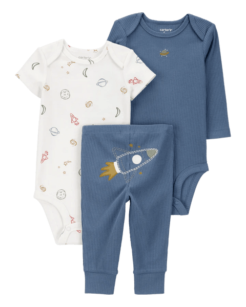 Conjunto Carters de bebé niño 3 piezas azul y blanco con temática espacial y cohetes.