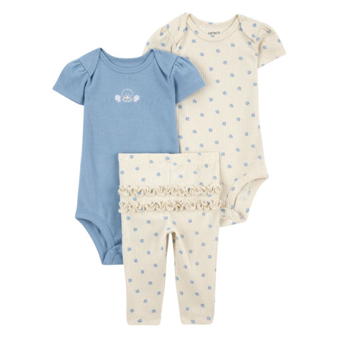 Conjunto Carter's 3 piezas para niña: 2 bodys manga corta y pantalón de algodón con conchitas