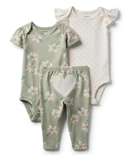 Conjunto Carters para bebé niña de 3 piezas: 2 bodys (floral verde y puntos blancos) y pantalón floral con corazón. Ideal para el día a día.