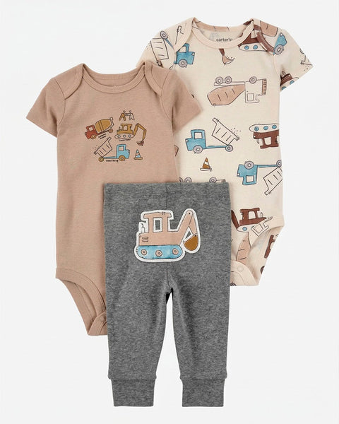 Conjunto Carters de 3 piezas para bebé niño: 2 bodys manga corta y pantalón gris con vehículos de construcción