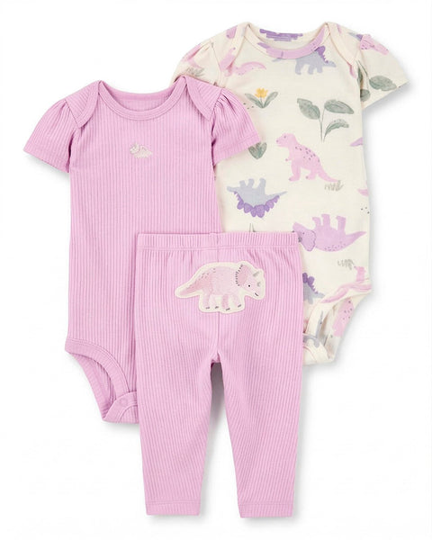 Conjunto Carters de 3 piezas para bebé niña: 2 bodys dinosaurios, pantalón lila con triceratops