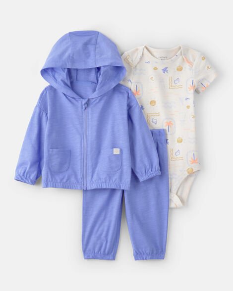 Conjunto de bebé Carter's de 3 piezas: hoodie lila, pantalón y body blanco estampado playero.