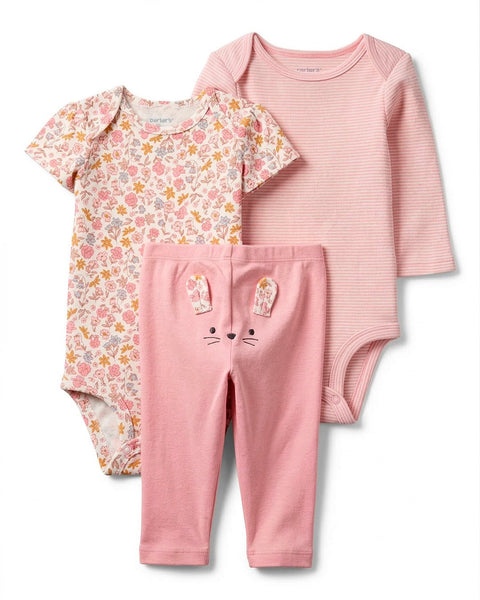 Conjunto Carters bebé niña: body floral, body rosa rayas, pantalón rosa con orejas de ratoncito.