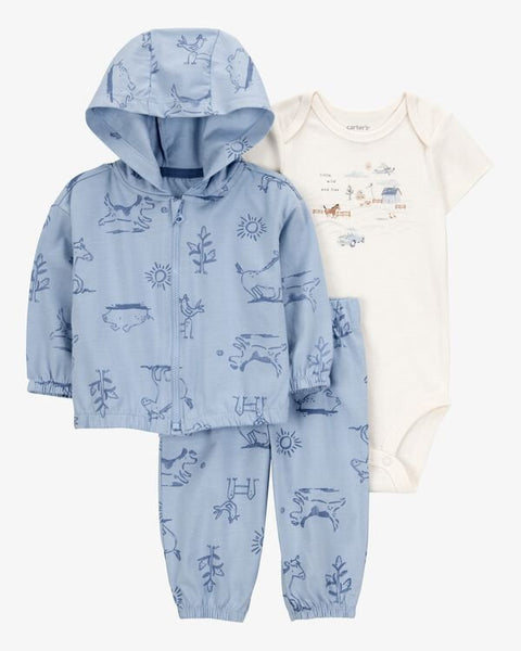 Conjunto Carters 3 piezas: camisa manga corta, pantalón y cardigan con capucha y botones multicolor para niño - Kinder Guatemala - Conjuntos