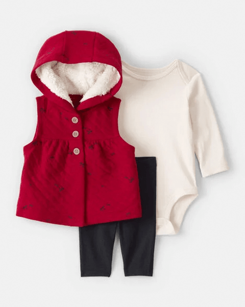 Conjunto Carters 3 piezas para niña con chaleco rojo afelpado, body crema y leggins negros.