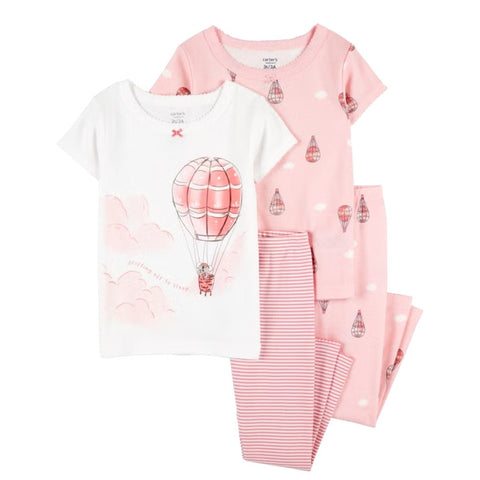 Conjunto Carters niña 4 piezas, blusas manga corta y pantalones con globo aerostático rosa y rayas.