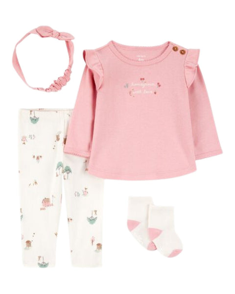 Conjunto Carters 4 piezas para bebé niña: blusa rosa, leggings con estampado de animales, diadema y calcetines.