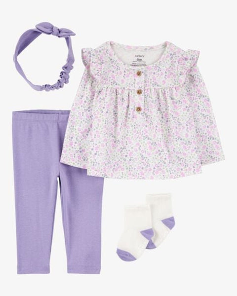 Conjunto Carters 4 piezas para niña: blusa floral, leggins morados, diadema lila y calcetas blancas. Tallas NB-9M.