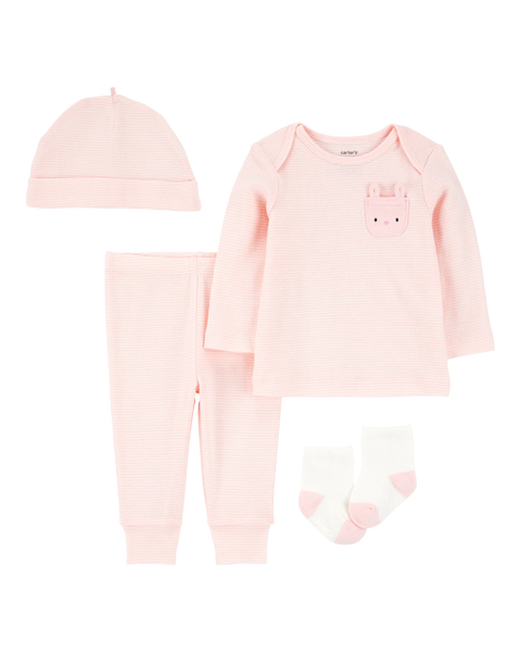 Conjunto Carters 4 piezas rosado para niña: blusa, pantalón, gorrito y calcetas. Suave y cómodo.